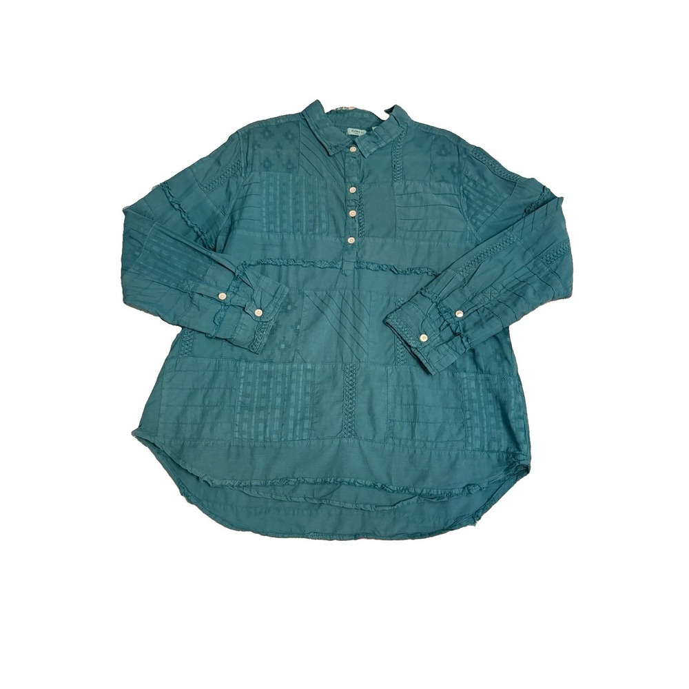 Dylan Patchwork Blouse Top Size L Cotton Embroidered Henley Stowe Textured Tunic